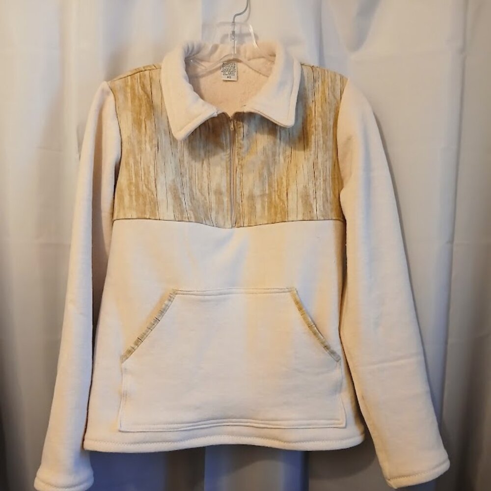 Western Half Zip up Sweatshirt XS Pale Peach & Wood grain contrast w/ Pocket LS